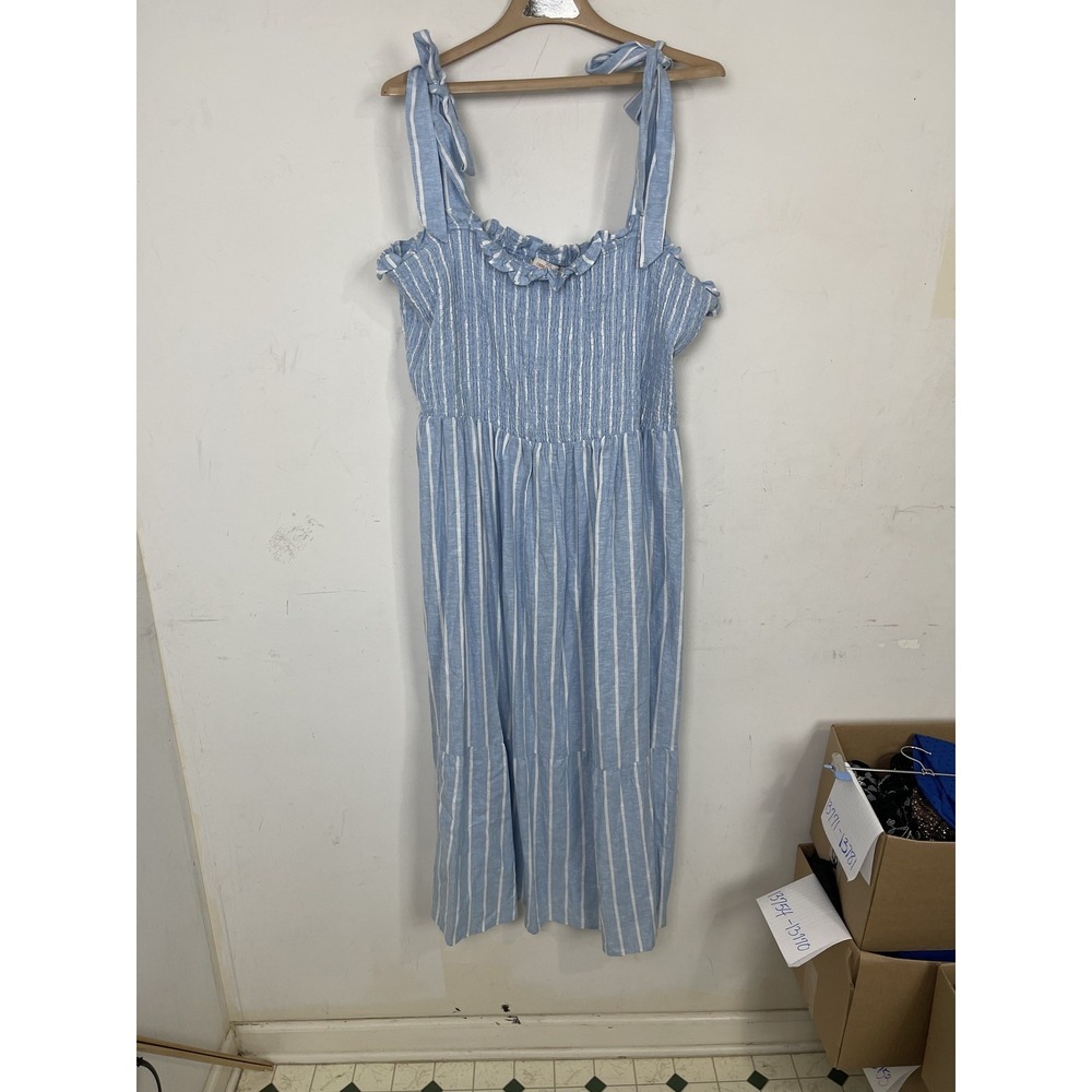 Casa Cabana Womens XXL Blue‎ White Striped Smocked Tie-Shoulder Maxi Dress